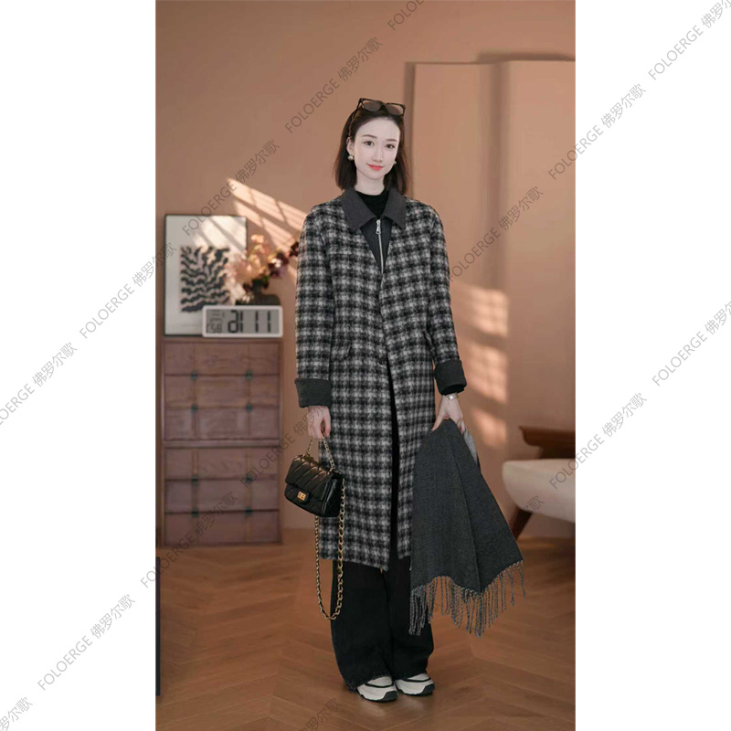 JIAYI嘉伊秋冬新款时尚千鸟格马甲套装羊驼毛大衣两件套