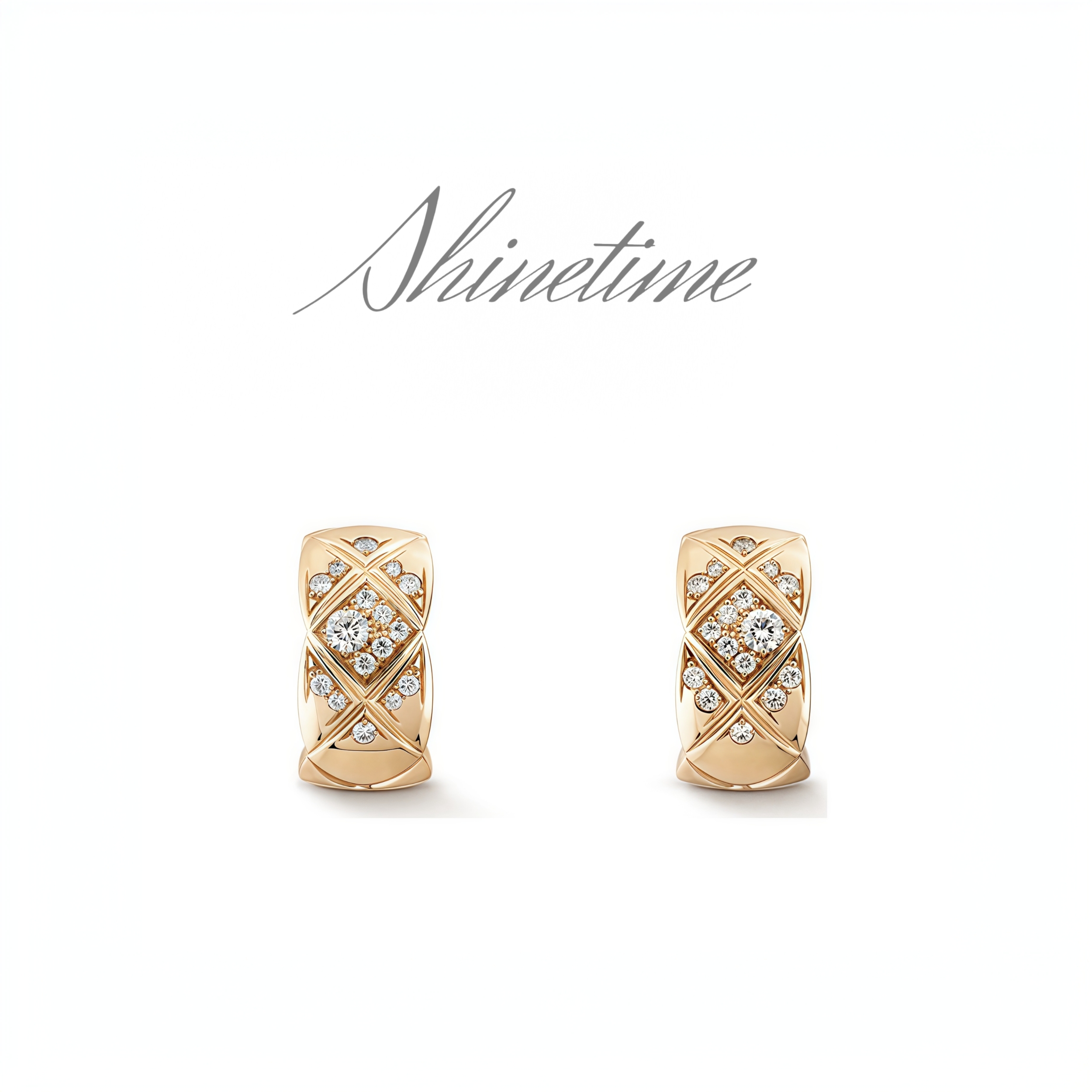 925银耳饰 SHINETIME镀K金镶嵌菱格纹新款耳饰时尚百搭精致欧美