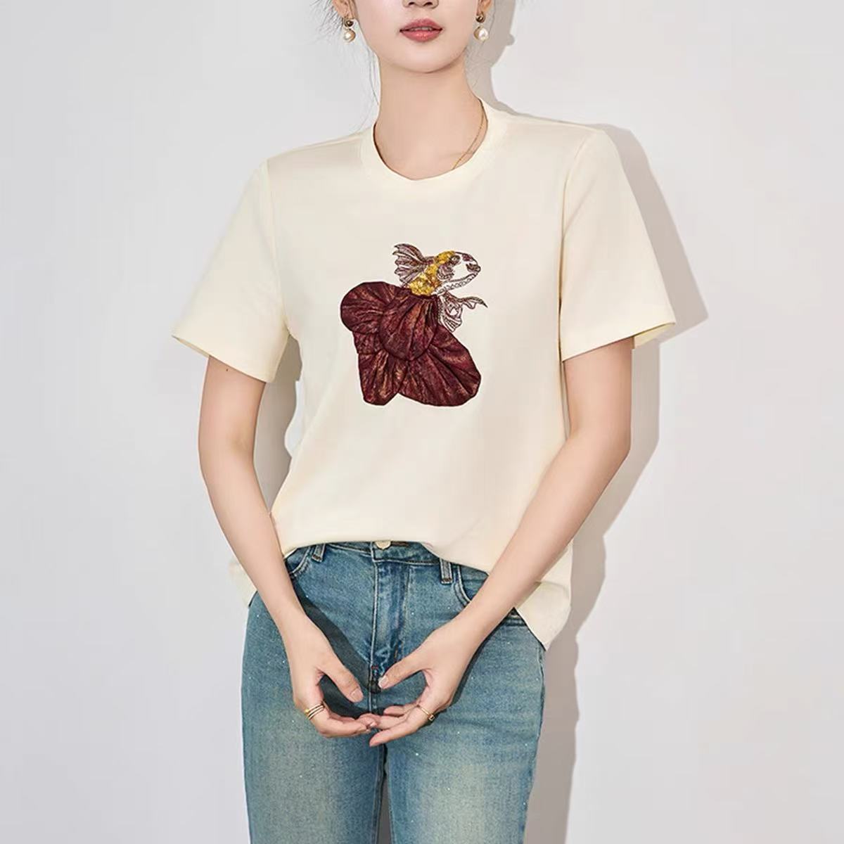 611/25842/129-9    重工立体金鱼亮片刺绣高弹时尚休闲T恤