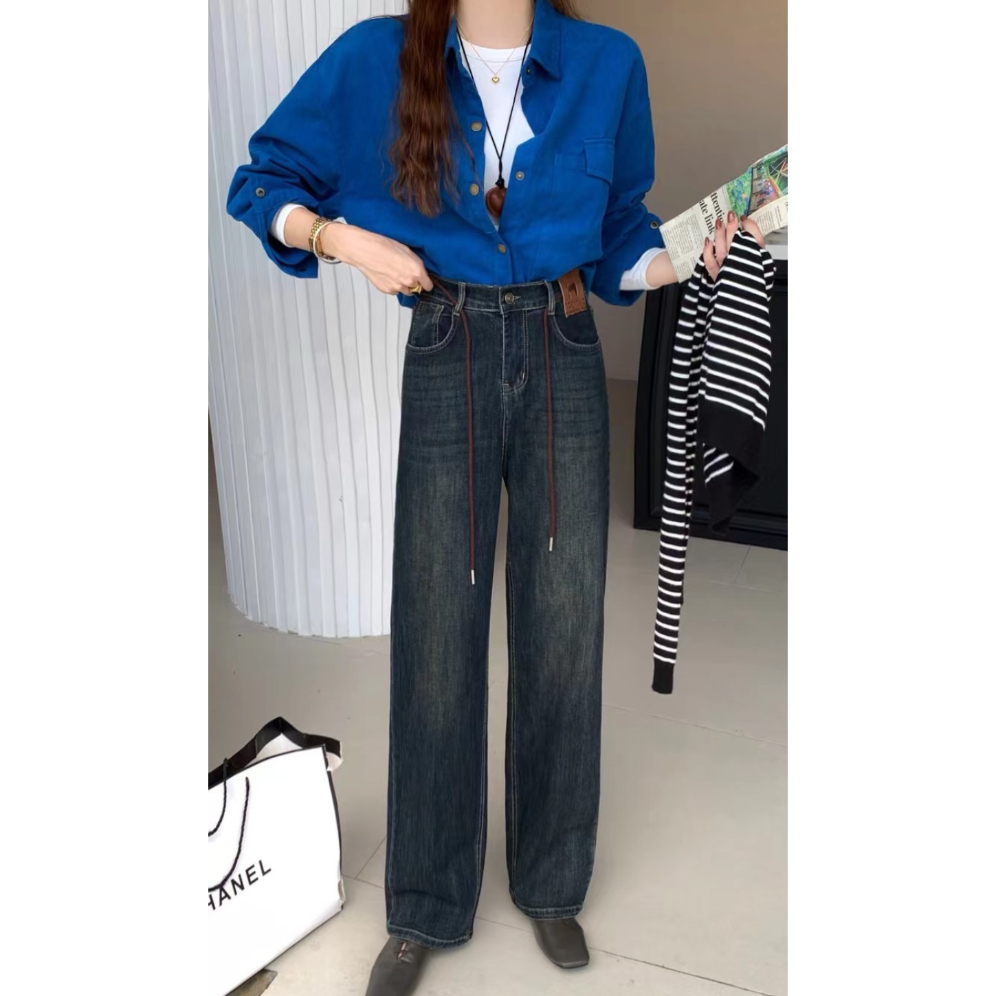 928#春季新款高腰显瘦阔腿牛仔长裤后半腰松紧宽松直筒休闲裤