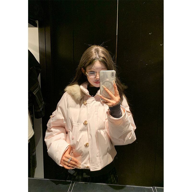 2025新款毛领连帽纯色加厚保暖棉服外套女冬季时尚韩版通勤风上衣