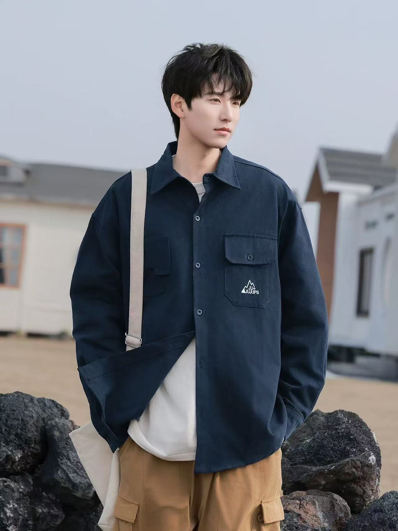 美式工装长袖衬衫男春秋季宽松复古潮牌衬衣百搭休闲外套-187