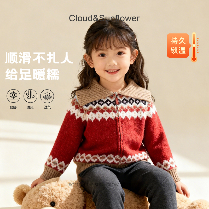 【云朵小葵】女童冬季新款年款费尔岛风翻领休闲洋气毛衣外套555630