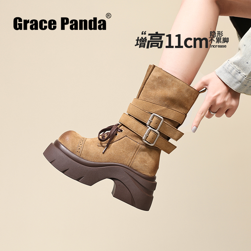 真皮厚底中筒美拉德复古马丁靴2025秋冬款内增高11CM西部骑士靴女