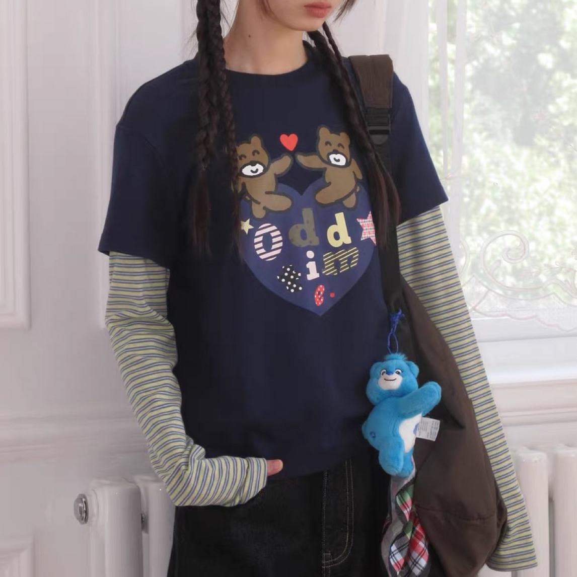 客户订单介意勿拍小熊爱心印花假两件撞色条纹长袖宽松圆领上衣