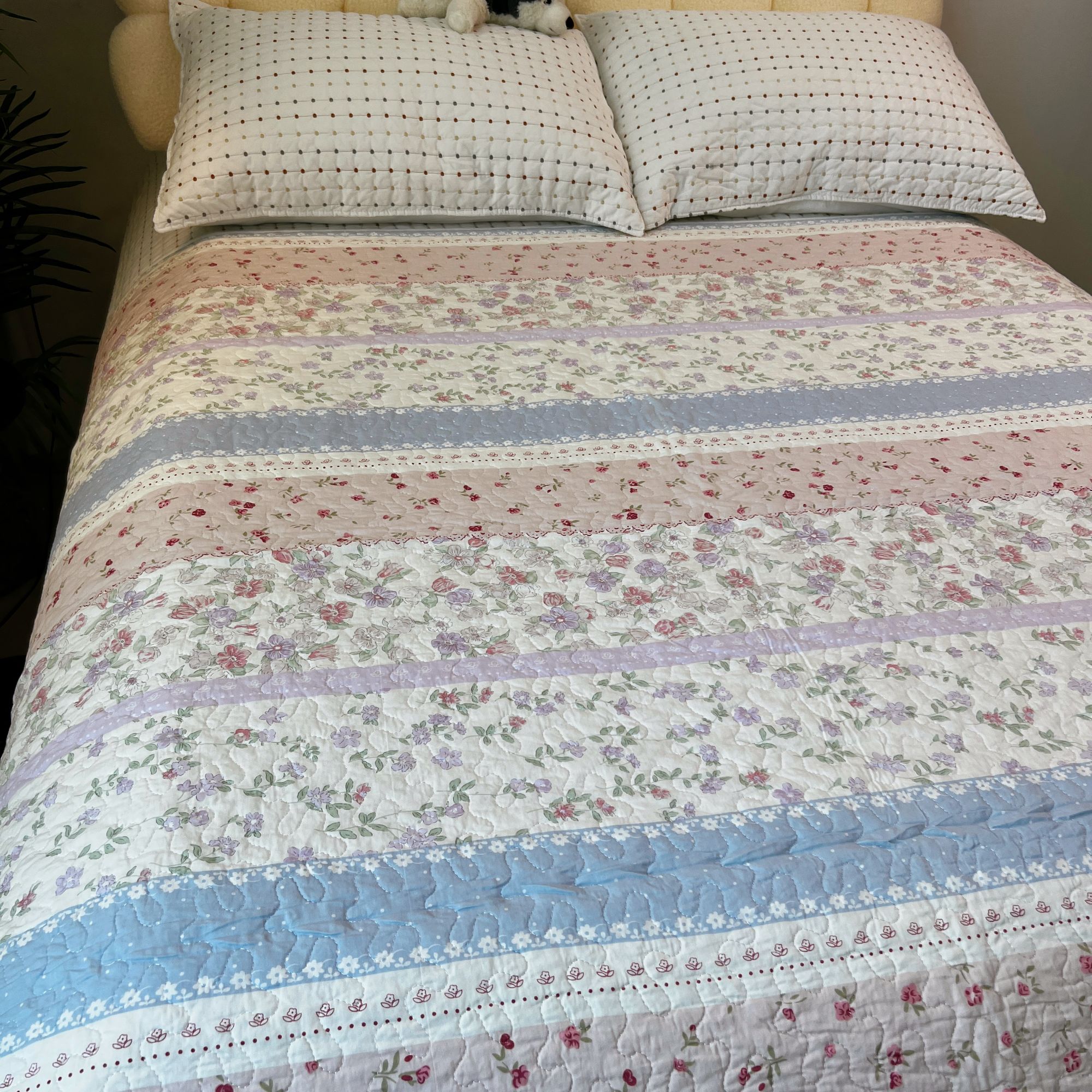 【花季】双面斜纹粉蓝条纹纯棉床盖沙发垫三层棉四季用榻榻米床单