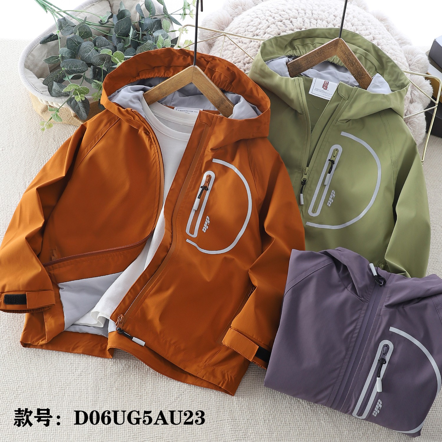 DU4印花男女童5AU23 纯色连帽普通外套压胶户外防水外套秋款