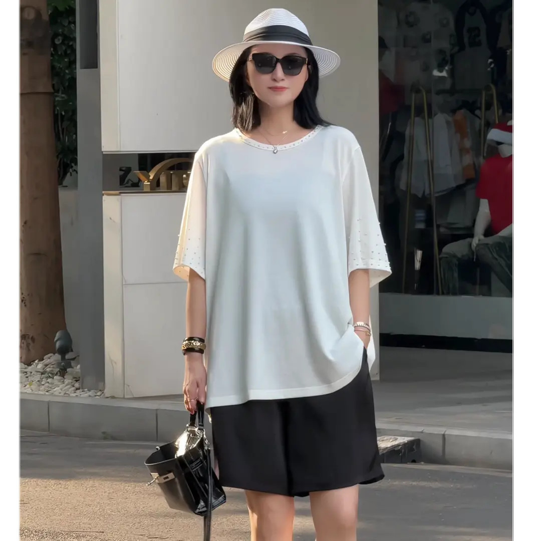 【夏日轻氧穿搭7056钉珠款】2025年巴瑟大码女装宽松显瘦百搭潮上衣