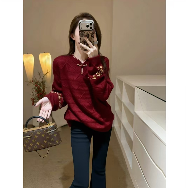 新中式国风长袖针织衫女2025秋冬季大码胖MM高端时髦洋气内搭上衣