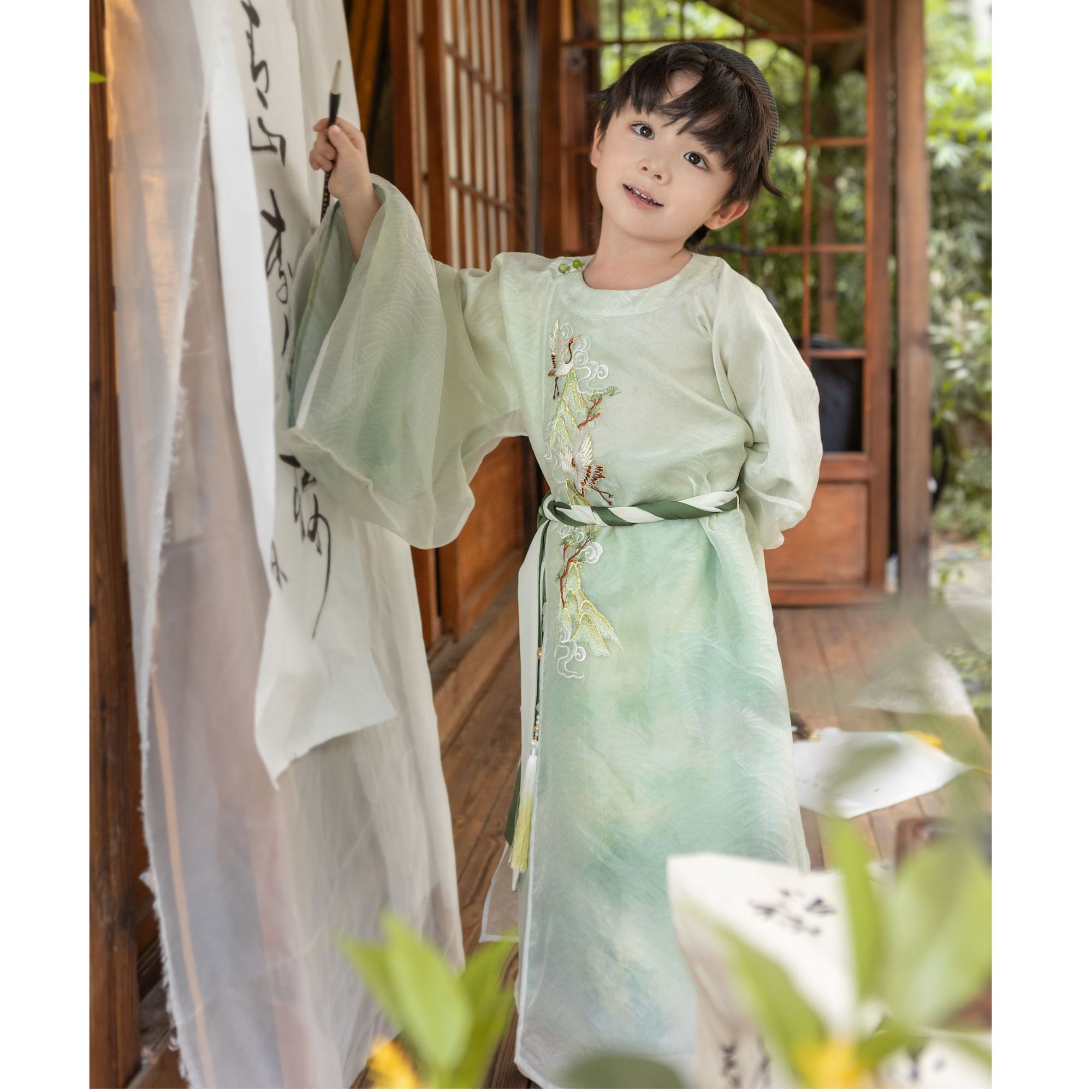 西子问男童【青山白鹤】秋季新款中国风男童改良汉服大袖套装