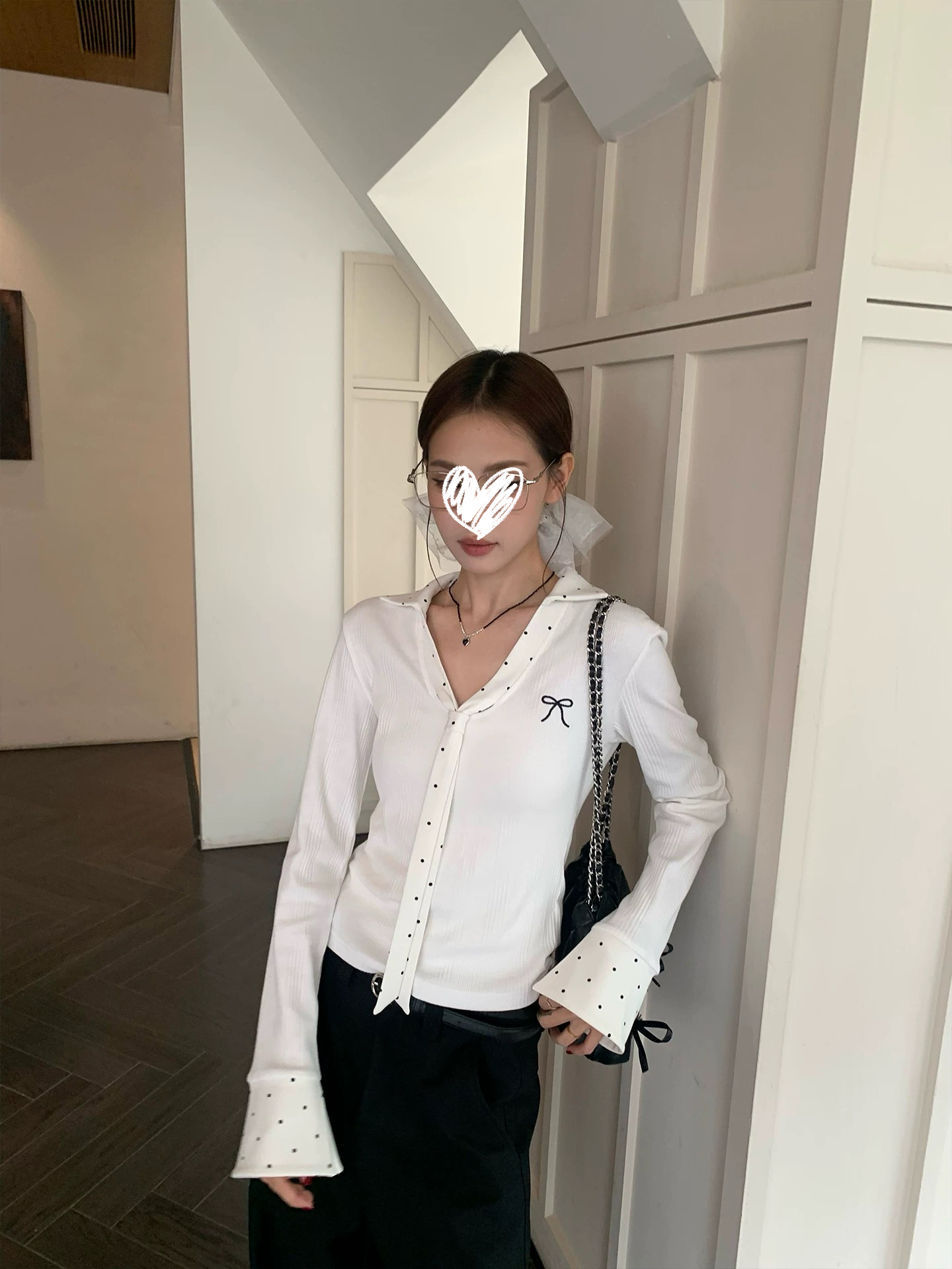白色波点拼接polo领内搭打底衫女秋季修身短款长袖t恤上衣