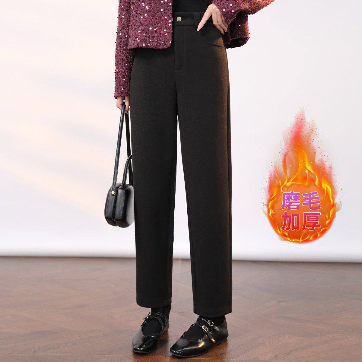 白鹿语冬款时尚保暖后橡筋腰通勤微弹长款磨毛加厚休闲裤FBX10286