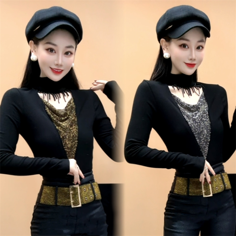 定制款重工琉璃珠挂脖高级感V领加绒保暖显瘦上衣打底衫