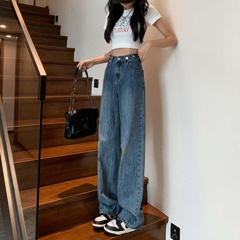 早秋高腰阔腿牛仔裤宽松显瘦休闲大码胖mm长裤水洗大码女装裤子