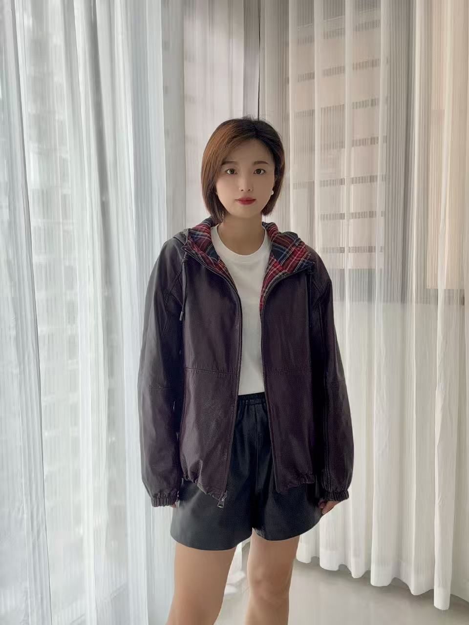 【紫气东来，好运连连】双面穿头层油蜡牛皮撞色保格利连帽拉链外套