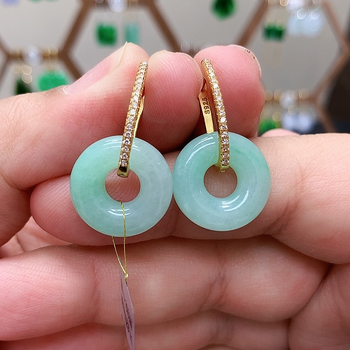 银S925镶嵌翡翠耳饰天然翡翠耳饰