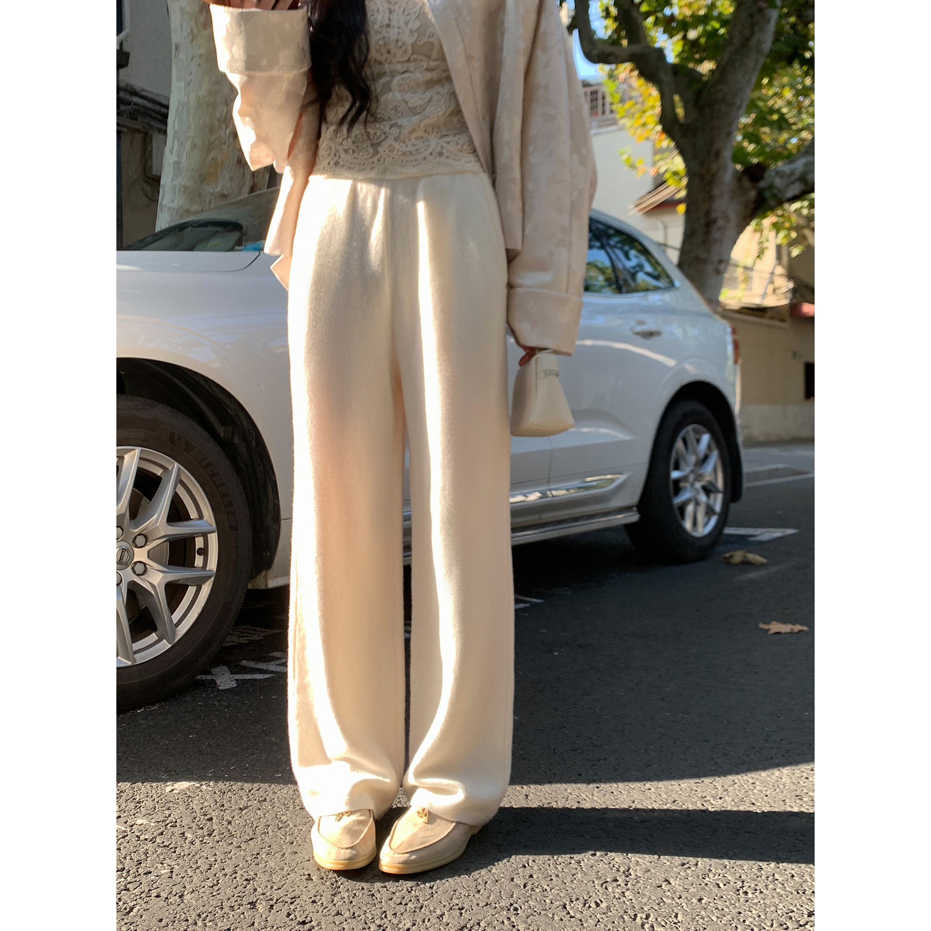 夏诗文 100%绵羊毛松紧腰设计白色针织直筒裤女冬汉服