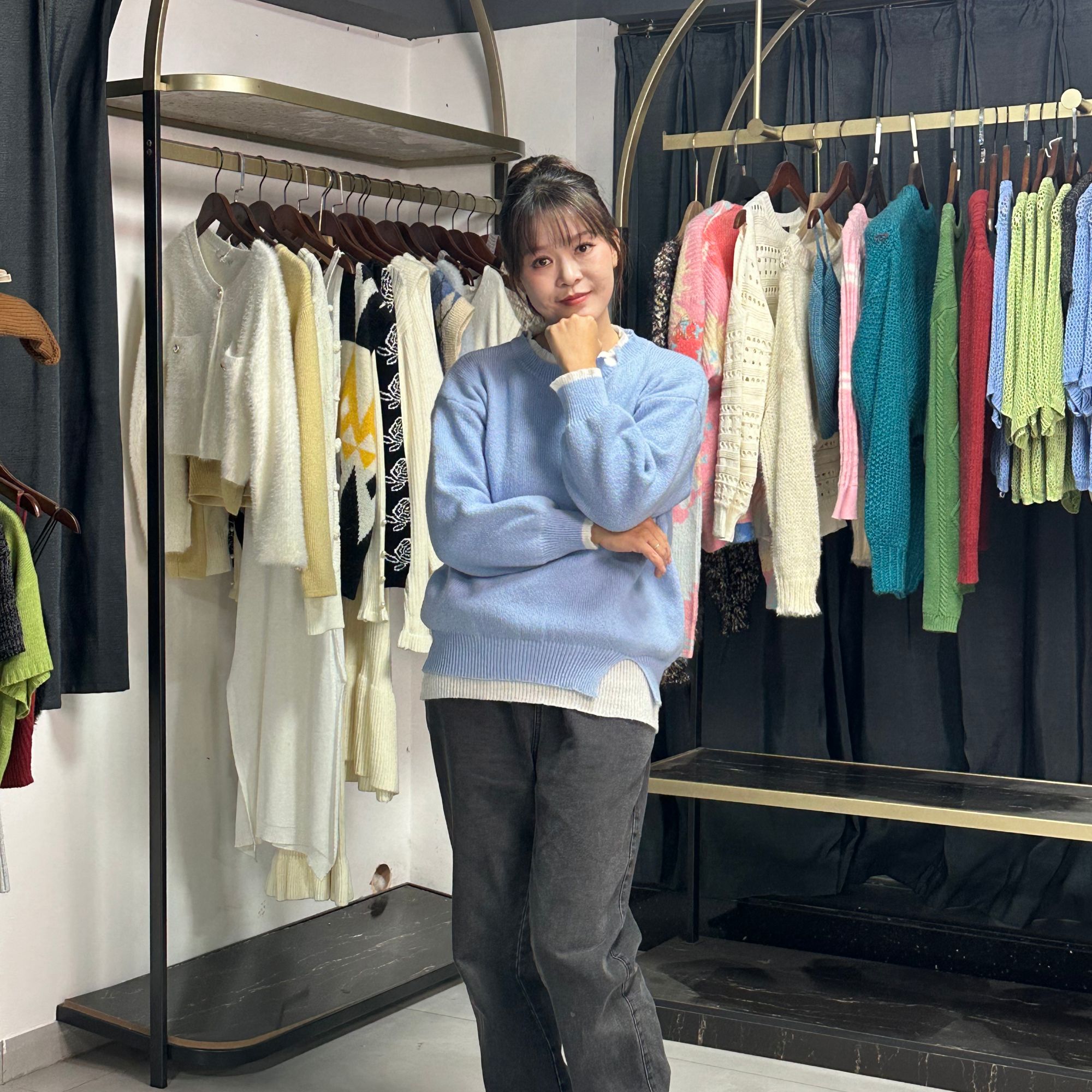 针织套头拼接撞色上衣百搭纯色宽松