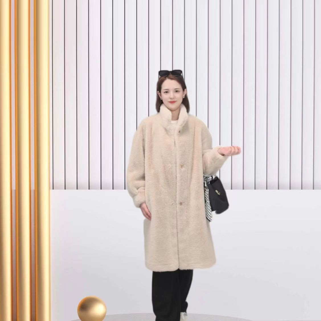 【伊芙安】2025冬季新款长款大衣时尚毛毛外套保暖立领气质休闲