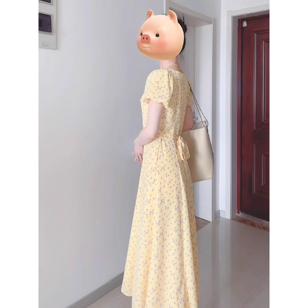 欧美跨境亚马逊多巴胺穿搭法式黄色碎花连衣裙夏日绝美长裙小个子