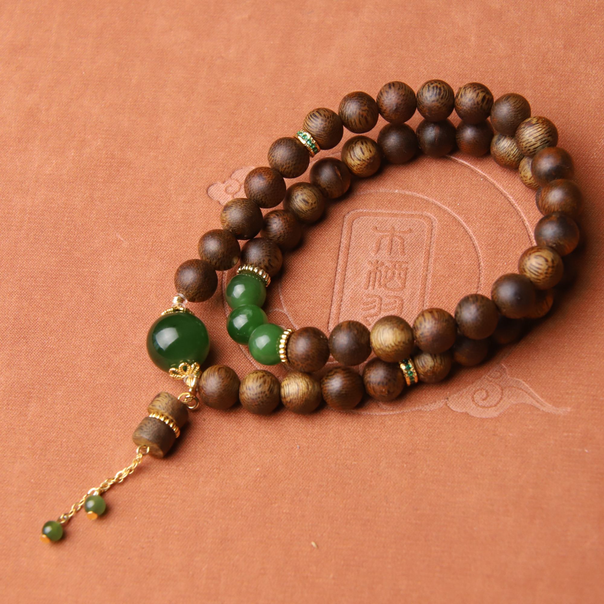 沉香【碧影】沉香莺歌绿奇楠和田玉碧玉双圈手串
