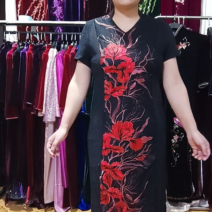 韩国进口面料夏季刺绣中长两侧开叉连衣裙2XL120-130内