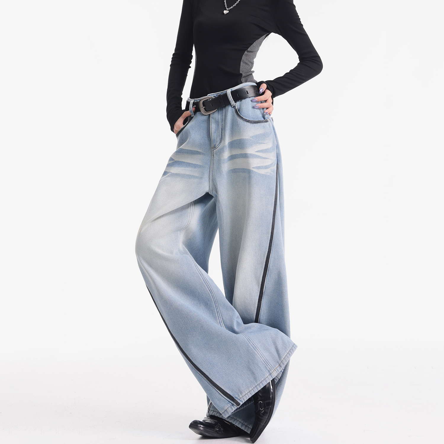 KEN STUDIO秋冬新款浅蓝加厚加绒牛仔裤女洗水撞色解构阔腿裤裤子