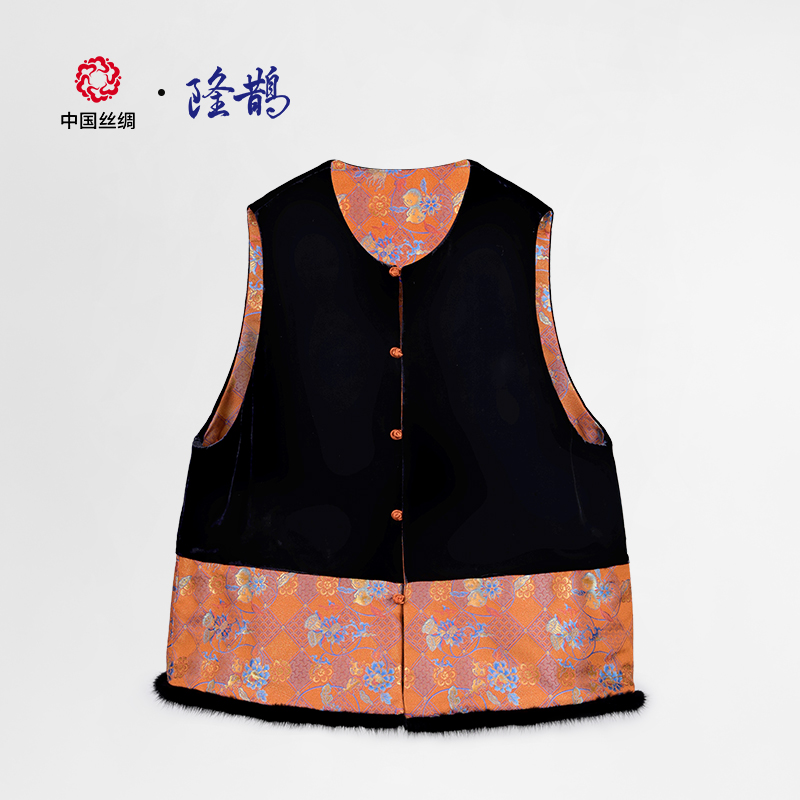 中国丝绸隆鹊『福寿三多』宋锦对襟马甲新中式冬款女装拼接设计时尚