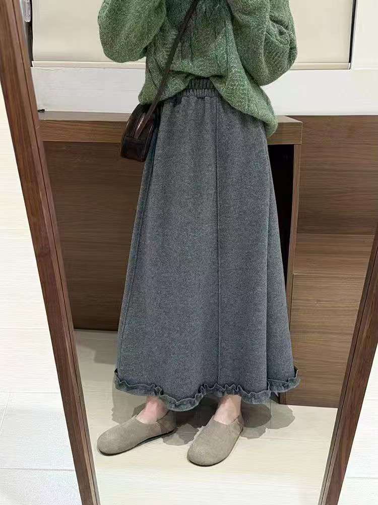 668-1216/856-1/1120   韩系高腰慵懒风加绒木耳边半身裙