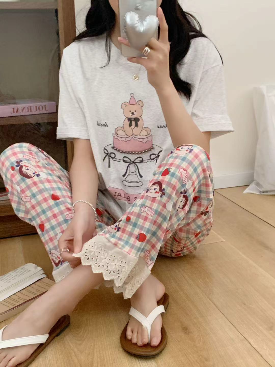 小雅姐姐 夏季凉感蕾丝拼接可外穿垂感松弛慵懒睡裤遛弯裤IW83