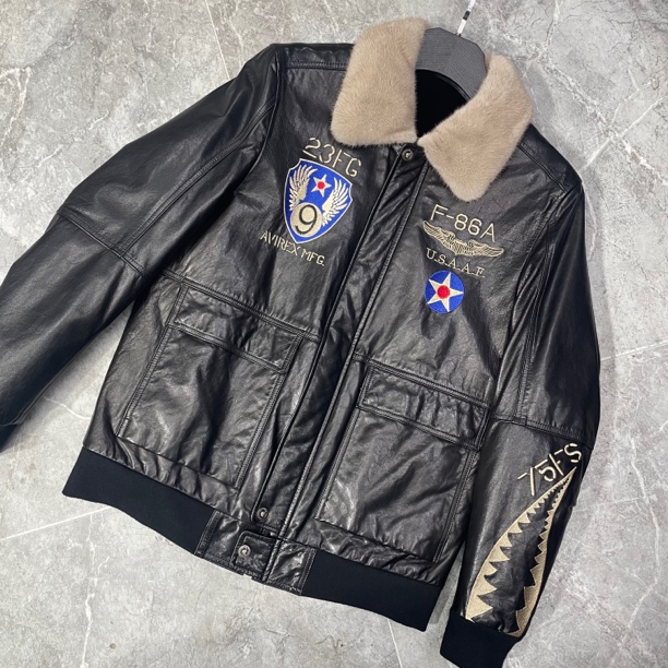 男士冬季保暖皮貂一体翻领刺绣夹克山羊皮黑色貂皮