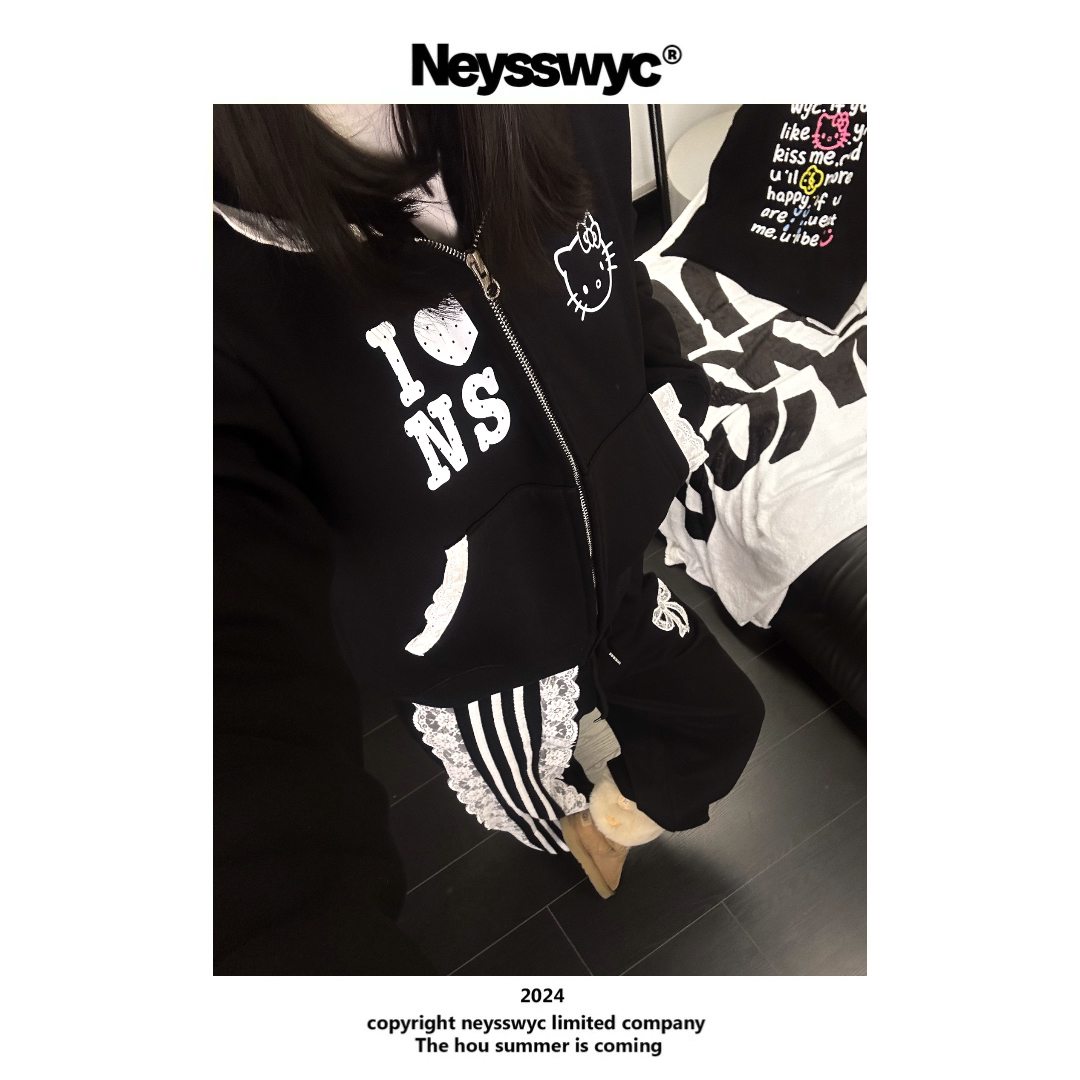 NEYSSWYC  花边拼接黑色加绒短款连帽外套KT简约涂鸦秋冬加厚可爱