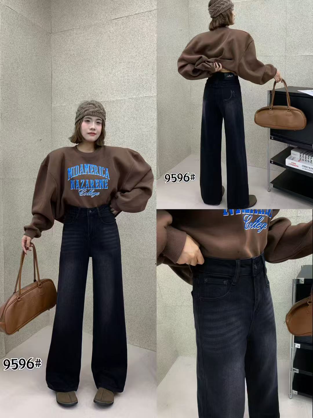 植绒时尚窄版阔腿牛仔裤9596