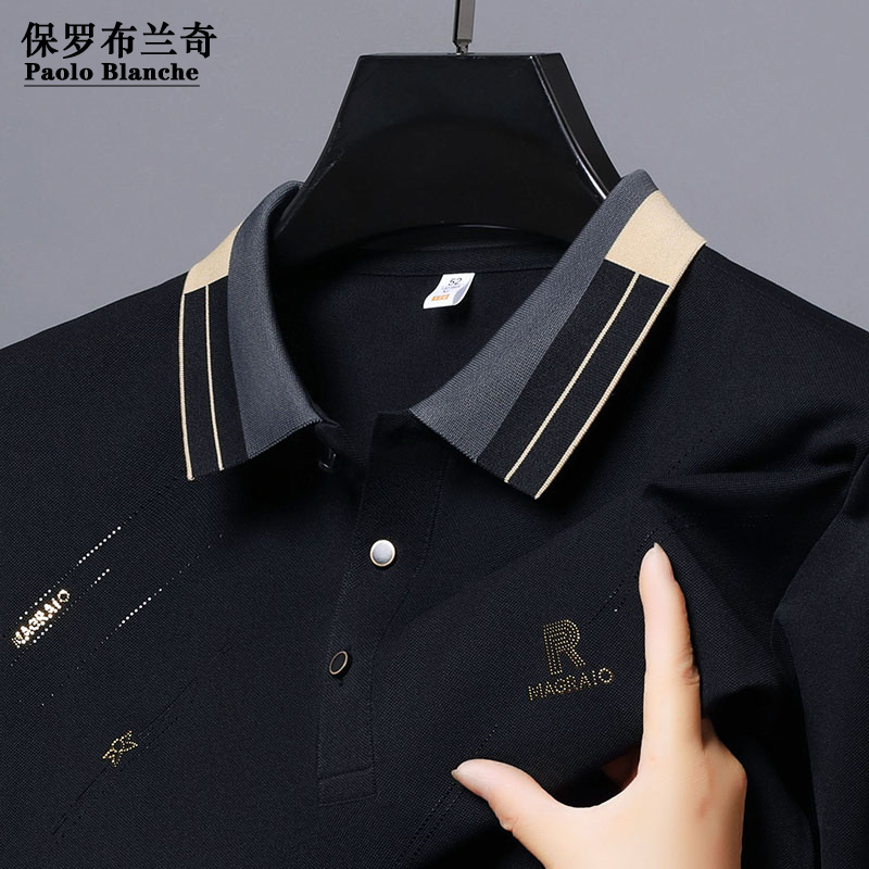 保罗男士高档长袖POLO衫2025春秋新款烫钻T恤宽松休闲打底衫男装