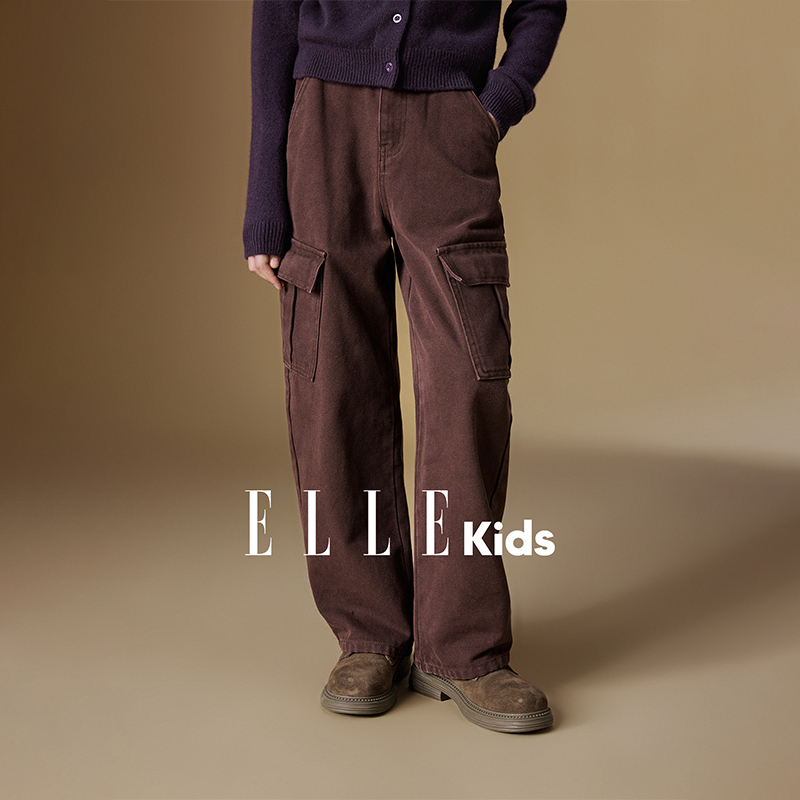 ELLE KIDS 工装弯刀牛仔裤女童秋季新款复古学院字母绣花裤子F5