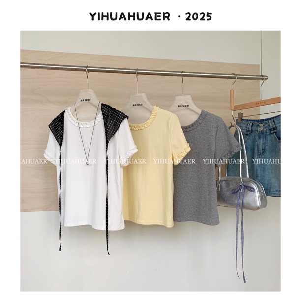 【奥斯白茶】东大门韩系夏款小众拼接木耳花边百搭通勤减龄T恤2702