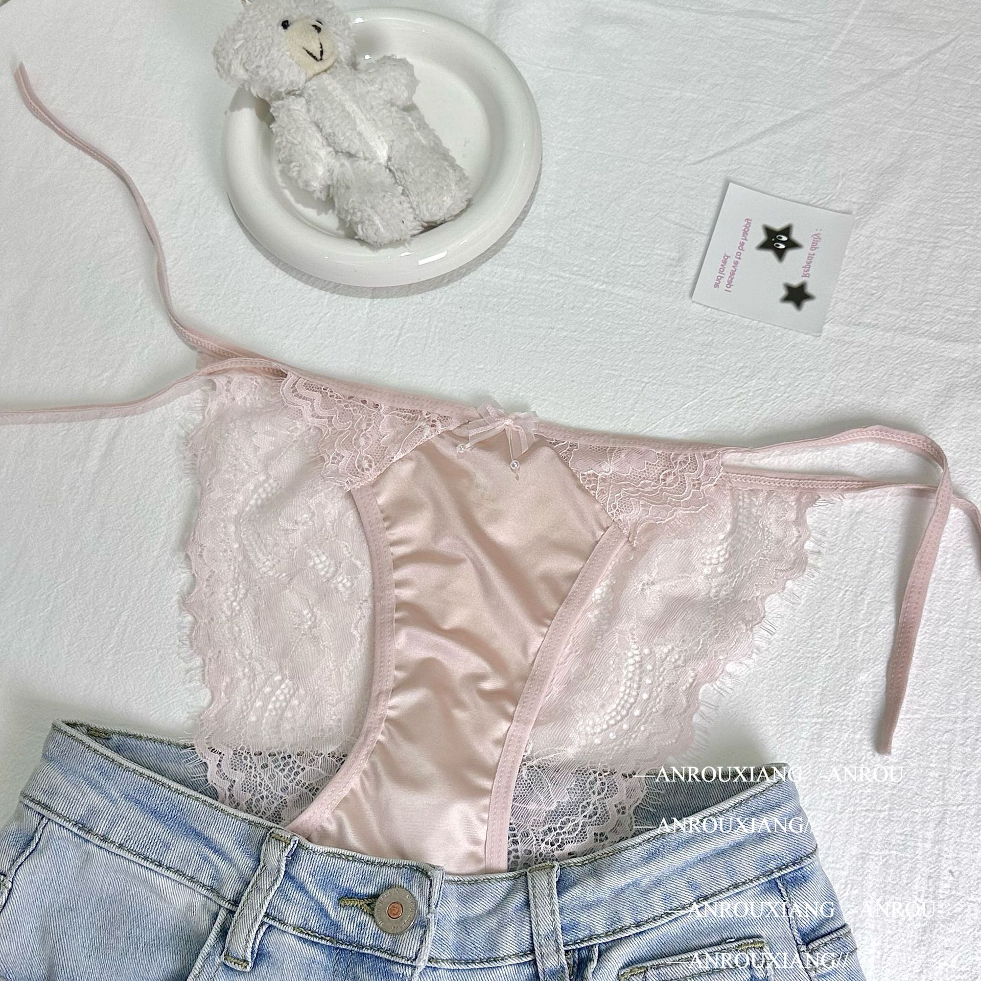 系带蕾丝内裤女内衣薄款性感高开叉纯欲蝴蝶结透明低腰少女三角裤