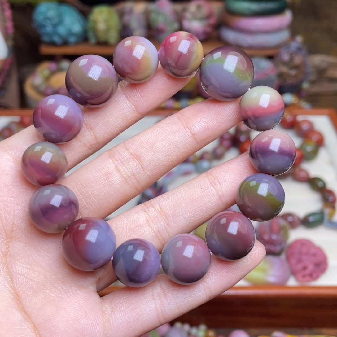 玛瑙/玉髓珠宝半成品未镶嵌稻*人盐源玛瑙炫彩彩虹手串