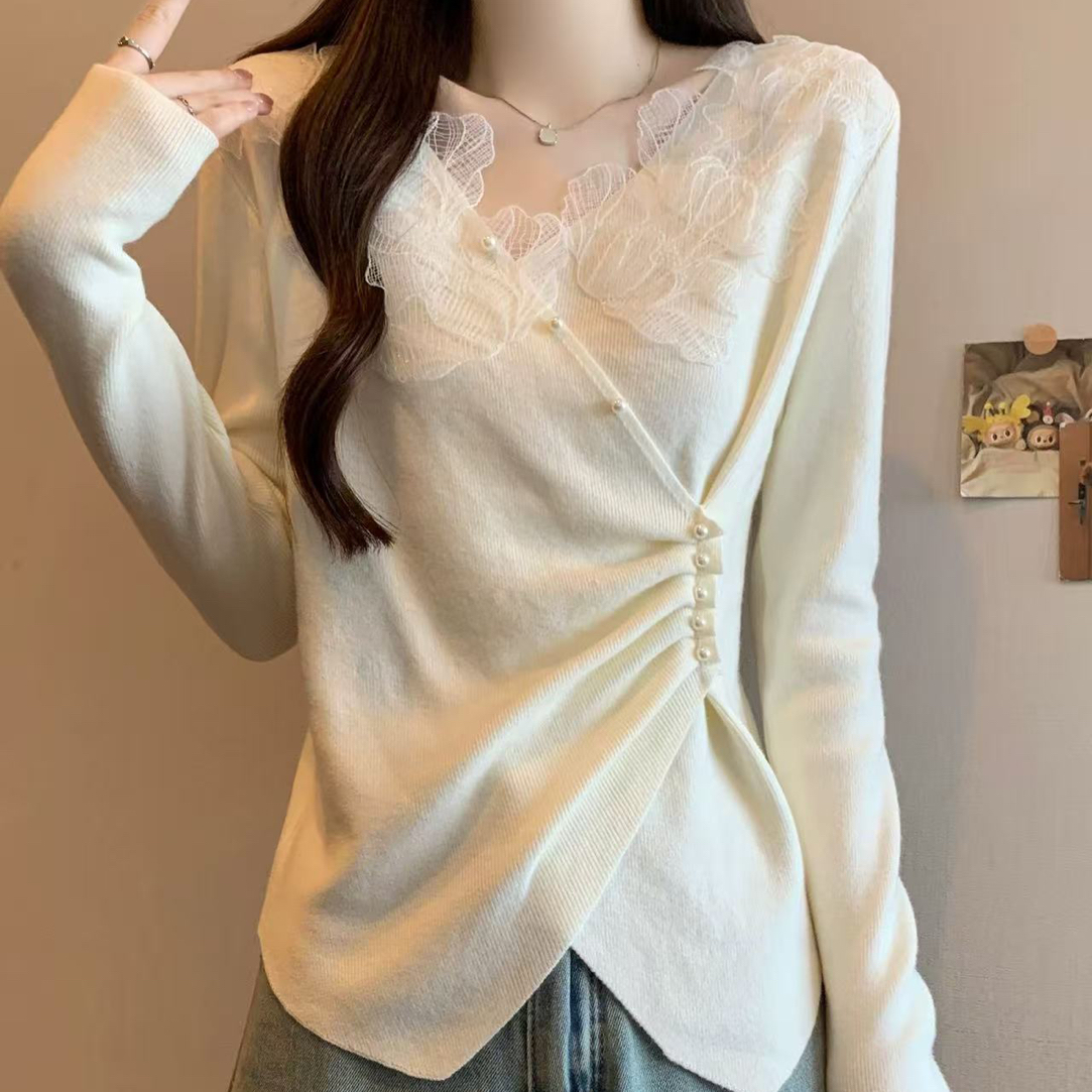 8882#大码女装 领口蕾丝 针织毛衣 收腰显瘦
