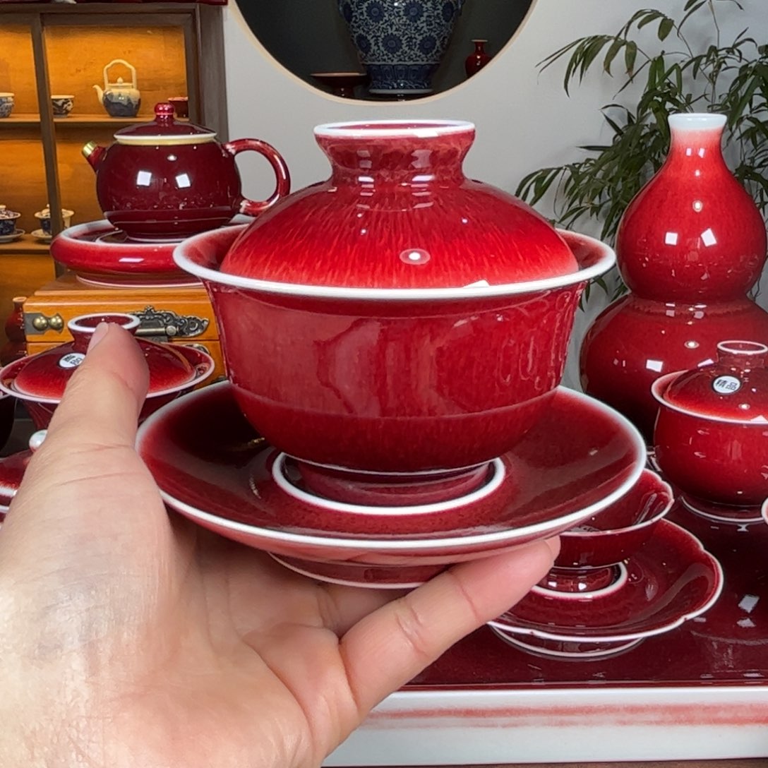 杯景德镇原矿郎红三才盖碗