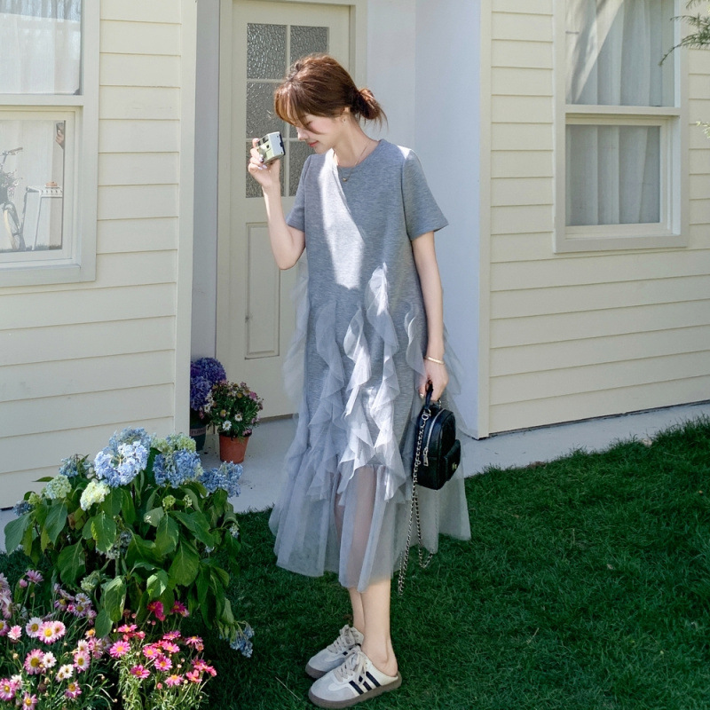 C家实拍设计感网纱拼接连衣裙女2025夏新款法式慵懒风宽松休闲T恤