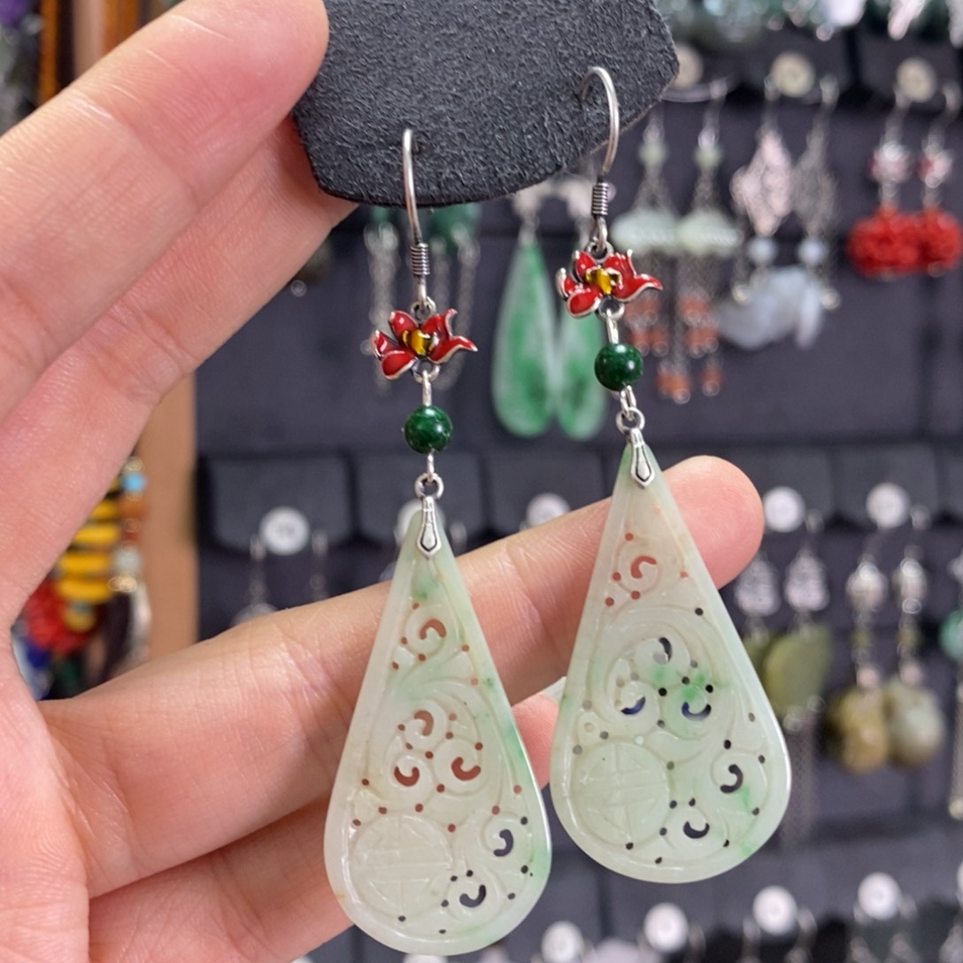 翡翠耳饰银S925镶嵌耳坠