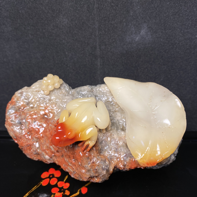 福建寿山石雕芙蓉摆件