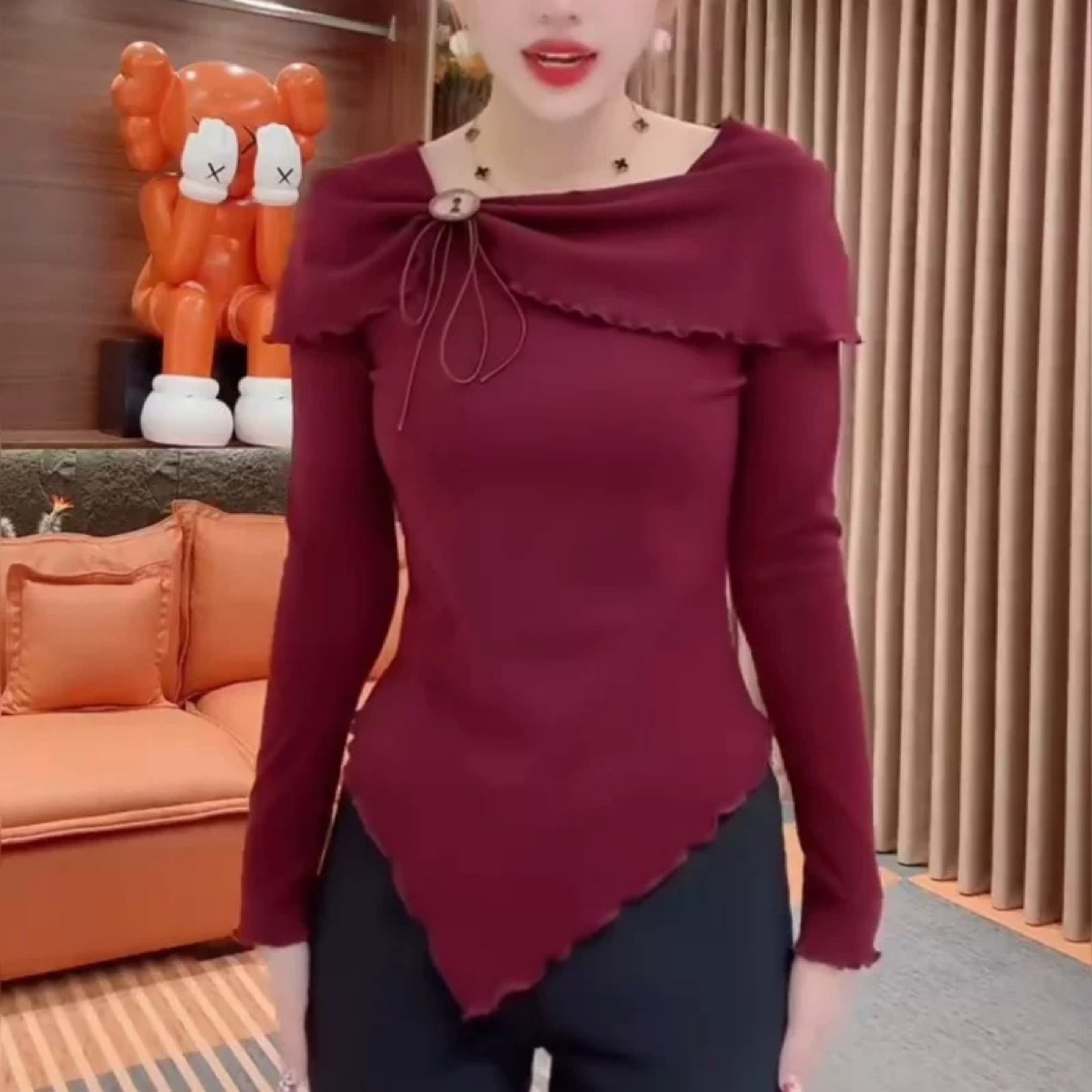 韩系不规则一字肩长袖显瘦打底衫女