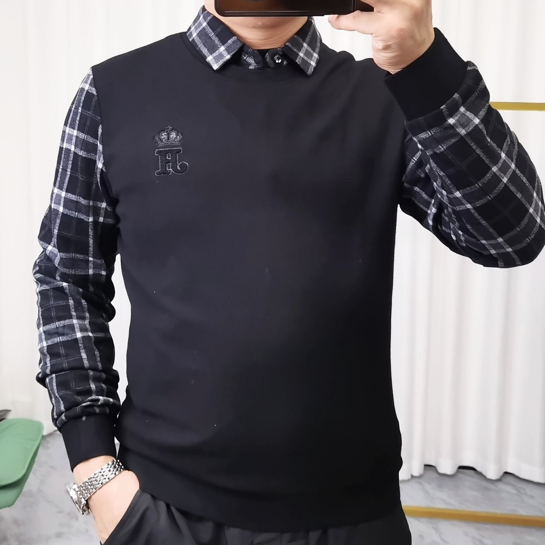 3013男士秋季厚款翻领格子假两件羊毛长袖卫衣