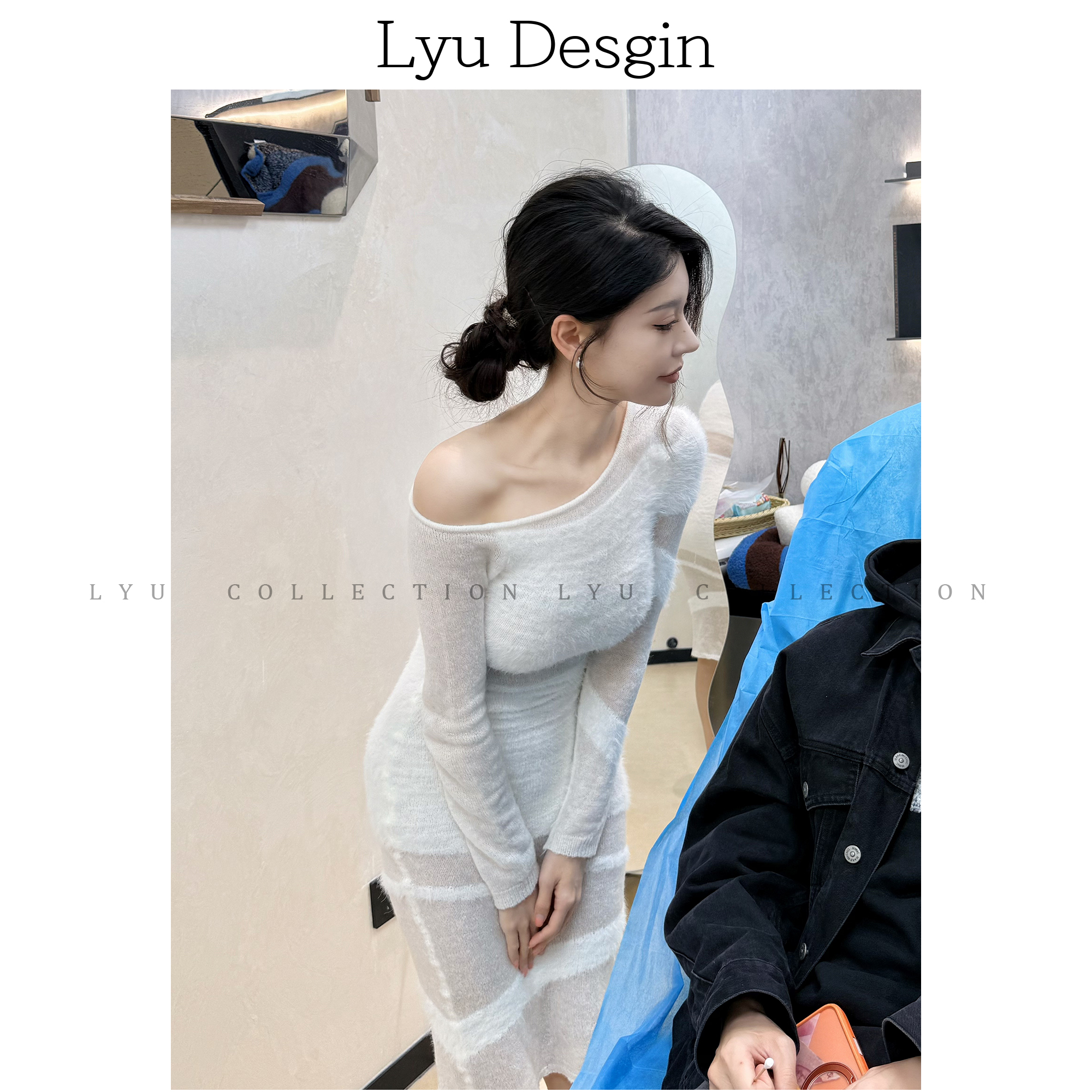 【LYU律律】气质修身斜肩长袖针织显瘦连衣裙L139