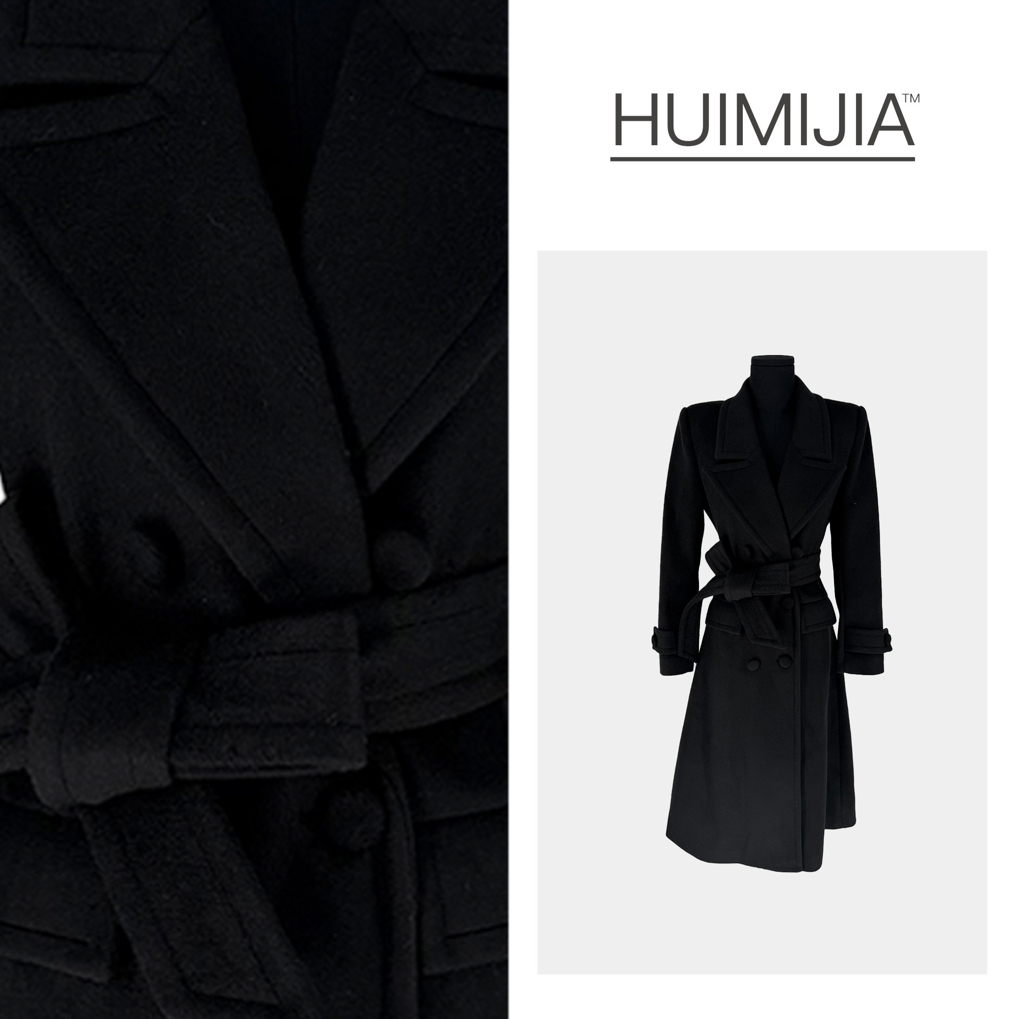 【秋冬新款】轻奢原创设计翻领系带双排扣中长款毛呢大衣【Q25951】