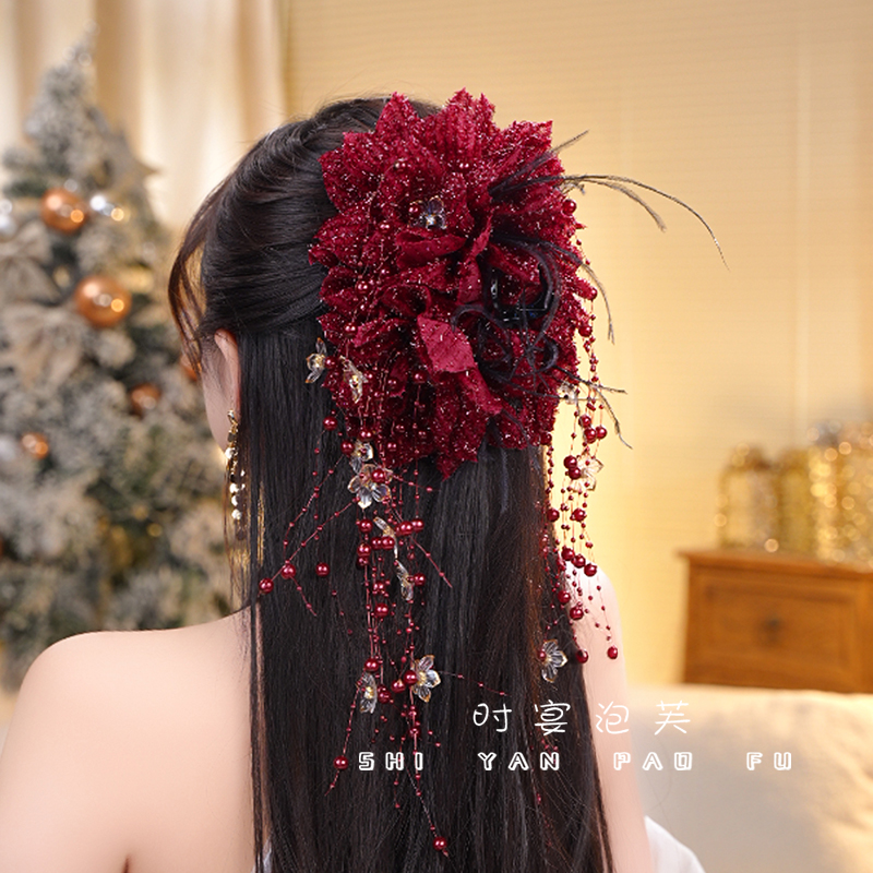 莲花楼复古气质蝴蝶羽毛婚庆抓夹轻奢百搭亮丝花朵流苏长款发饰女