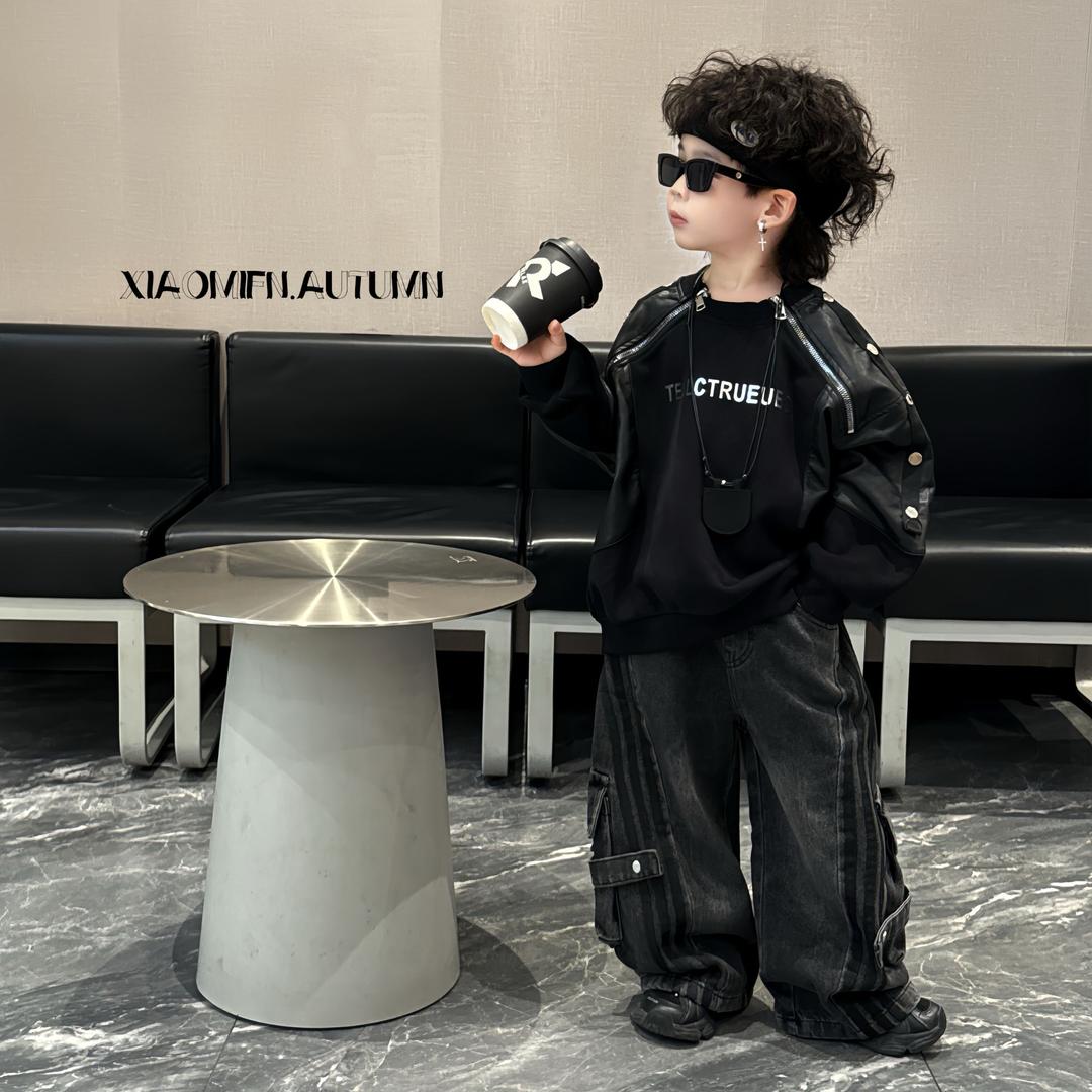 2025秋冬新款拼接韩版男儿童洋气卫衣做旧牛仔裤痞帅套装