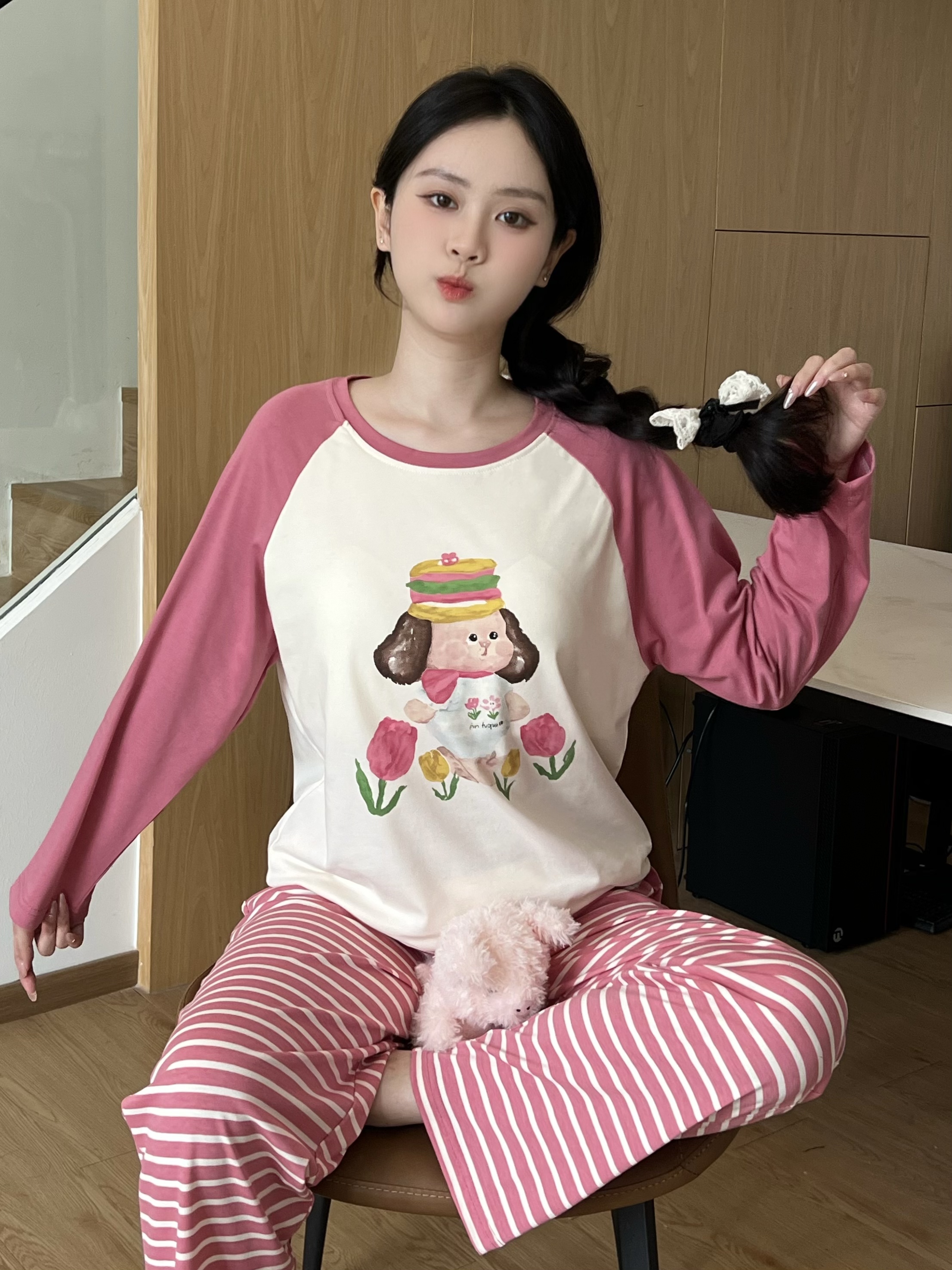 【带胸垫】2025新款睡衣纯棉家居服套装可爱长袖条纹长裤